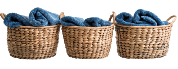 Three light beige woven baskets filled with folded blue blankets