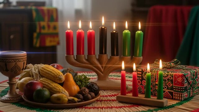 Kwanzaa celebration table with traditional symbols. Festive holiday setup with lit Kinara candles, harvest crops, and a unity cup. - Powered by Adobe