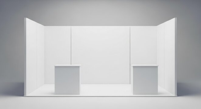 Blank white trade show booth, minimalist exhibition stand, two counters.