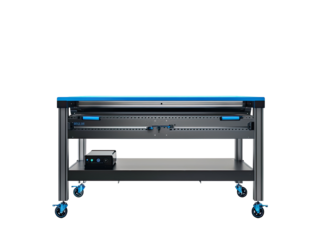 Industrial workstation with blue accents and a gray metal frame. 