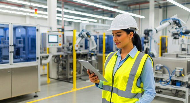 Confident female engineer reviewing data on tablet amidst advanced factory automation and robotics