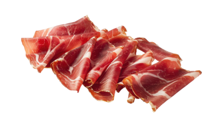 Thinly sliced cured ham, arranged in overlapping layers.  A rich, deep red color highlights the meat's texture.  Isolated against a black background
