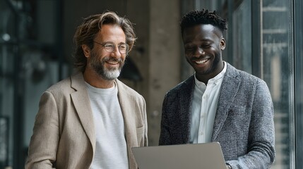 Diverse Businessmen Collaborating with Laptop by Window