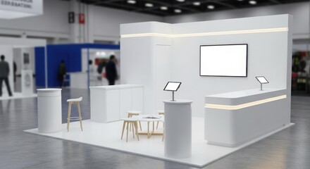 Modern white exhibition booth with blank screen and counter, featuring minimalist design and blurred figures in the background.