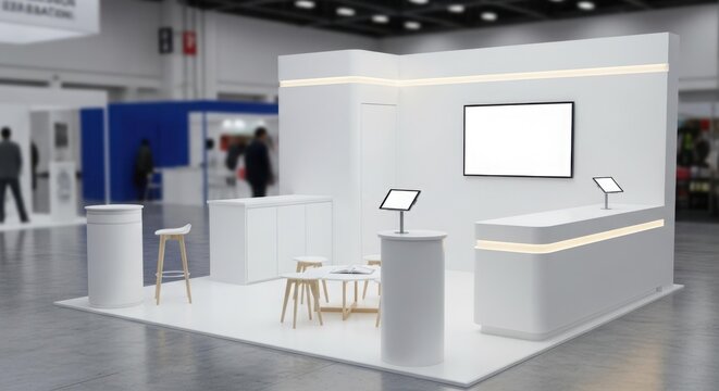 Modern white exhibition booth with blank screen and counter, featuring minimalist design and blurred figures in the background.