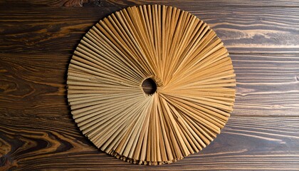 Circular wooden wall art on dark wood