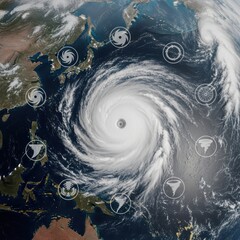 Satellite view depicting a major hurricane with storm path graphic visualization