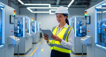Confident female engineer reviews data on tablet amidst modern factory machinery and bright blue digital displays.