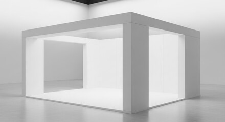 Modern minimalist white exhibition booth, empty, clean, bright interior space.