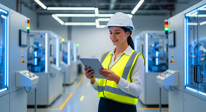 Confident female engineer reviews data on tablet amidst modern factory machinery and bright blue digital displays.