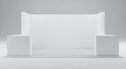 A minimalist white exhibition booth mockup featuring a blank backdrop and two cubic display stands.