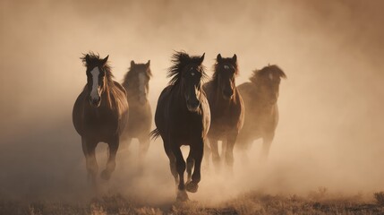 A herd of dark horses running, dust clouds