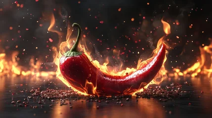 Canvas schilderij Hete pepers Fiery chili pepper ablaze on dark surface with smoky background  © ahmad widodo