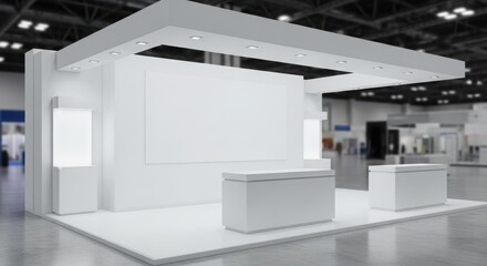 An empty white exhibition stand with counters and a large blank screen, set in a blurred convention hall.