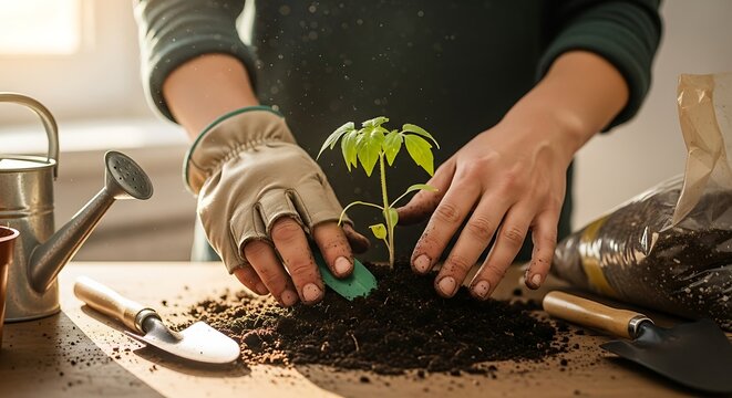 Hands gently nurturing a seedling with soil on a wooden table in a garden setting