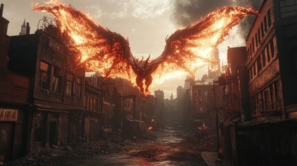 Fototapeta premium Fiery demon creature soars over ravaged city street