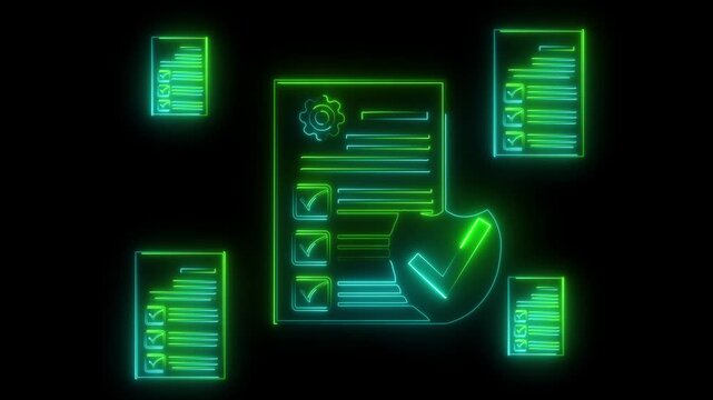 Businessman neon checking steps through document with a list of checkboxes ,regulation and policies ,Terms and conditions ,Examination of ethical rules ,Evaluate quality.document icon animation