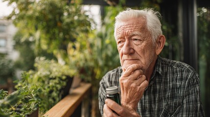 Elderly man contemplates medication on a plant filled balcony with hand on his chin outside home