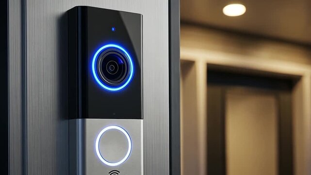 High-Tech Smart Video Doorbell with Illuminated Ring and Camera Lens on a Modern Home Entrance
