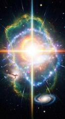 Majestic cosmic phenomenon featuring vibrant nebulae and celestial flares