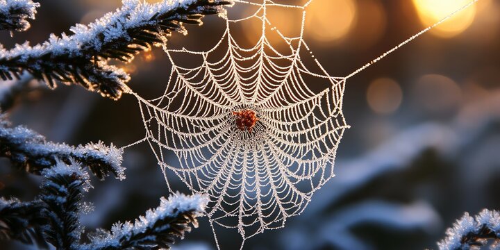 Frozen Spiderweb in Winter Forest at Sunrise