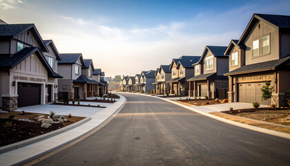 Obraz premium New residential neighborhood featuring modern houses lined along quiet street, showcasing contemporary architecture and well maintained landscaping. scene evokes sense of tranquility and community