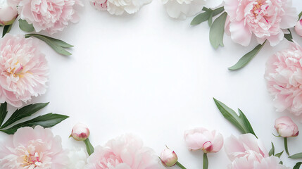 Obraz premium Arrangement of pink and white peonies with green leaves on a white surface