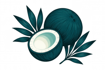 Hand-drawn coconut halves with verdant palm fronds, resting on transparent background, perfect for culinary, cosmetic, and wellness branding materials