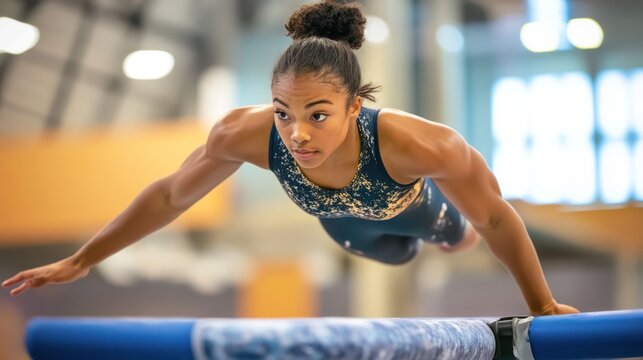 Focused Gymnast in Action on Balance Beam