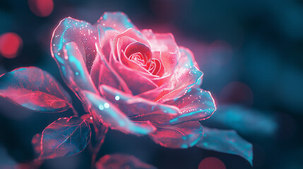 Close up of a pink rose with blue accents and water droplets on the petals