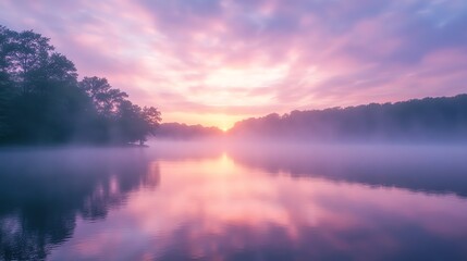Misty Lake at Dawn with Pink Sunrise Reflection