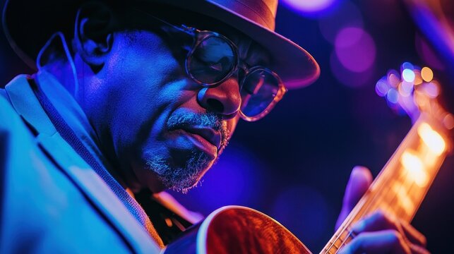 Focused jazz guitarist on stage under vibrant lights