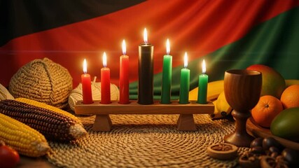 Kwanzaa celebration with lit Kinara candles and traditional symbols. Festive display with fruit, corn, and the Pan-African flag for the cultural holiday. - Powered by Adobe