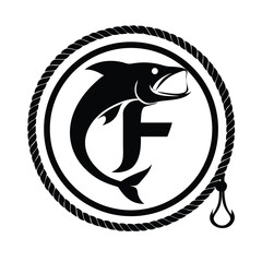 Letter F Fishing Club Bold Vector Emblem - Fish & Hook Monogram Logo Template
