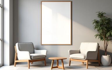 Modern interior with armchairs and coffee table in front of blank poster on decorative wall, perfect for design mockup or creative layout showcase. 3D Rendering. High quality