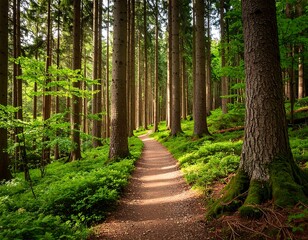 Sunny forest path through tall trees