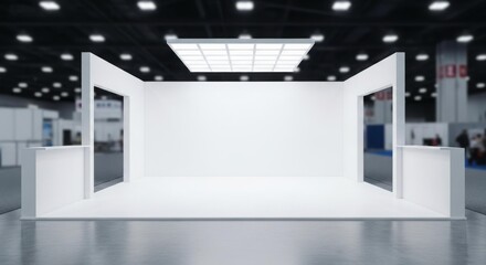 Blank trade show booth, modern exhibition space, ready for branding.
