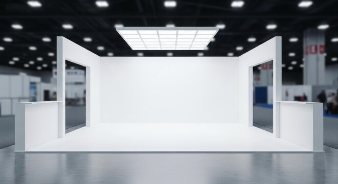 Blank trade show booth, modern exhibition space, ready for branding.