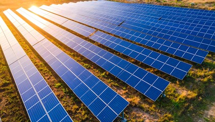 Aerial view of a solar panel farm at sunset, rows of blue panels reflecting the golden light