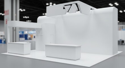 Modern minimalist white trade show booth design, featuring a reception desk and display area.