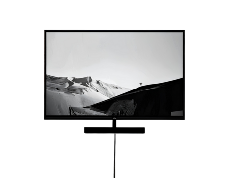 Black flat screen TV on minimalist stand with wire, isolated on a transparent background, generative AI