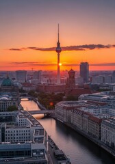 Berlin sunrise with its iconic television tower and spree river, Germany