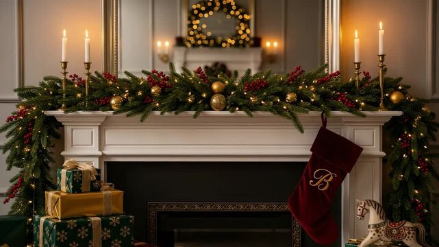 B monogram on a Christmas stocking hanging from a festive fireplace mantel with garland, presents, and candles. Cozy holiday home interior.
