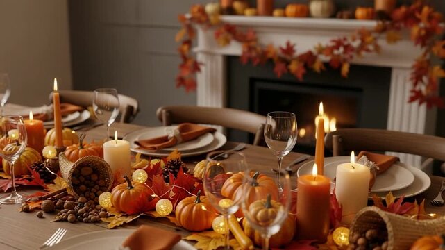 Festive Thanksgiving dinner table setting with autumn decorations. Cozy holiday feast with pumpkins, candles, and a cornucopia by the fireplace.
