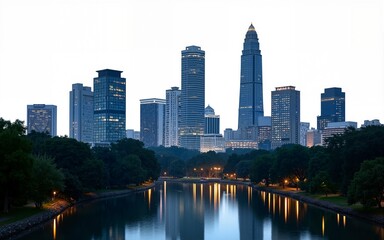 Fototapeta premium Bangkok skyline at night with illuminated skyscrapers and lush park in foreground, isolated on white background. Urban cityscape concept. High quality