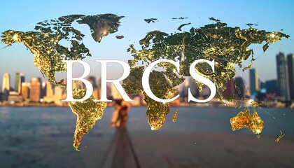 Global cityscape with world map overlay and text