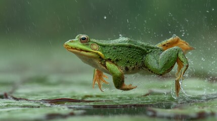 Obraz premium Green frog leaps through rain