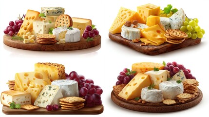Four vibrant cheese boards showcase assorted cheeses?hard, soft, and blue?accompanied by grapes, crackers, and nuts, artfully arranged on rustic wooden platters against a stark white background