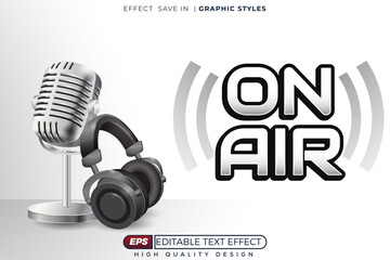 Editable 3d text effect on air with mic and headphone on white clean background for poster design