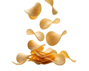 Potato chips falling isolated on white background for crispy snack and fast food concepts
